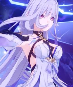 Skirk, a white-haired woman, raises her weapon in front of a huge void-like portal.