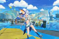 Mualani from Genshin Impact poses in front of a beach party venue.