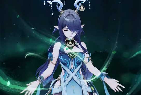 Genshin Impact's Lauma is surrounded by green energy as she activates her Burst.