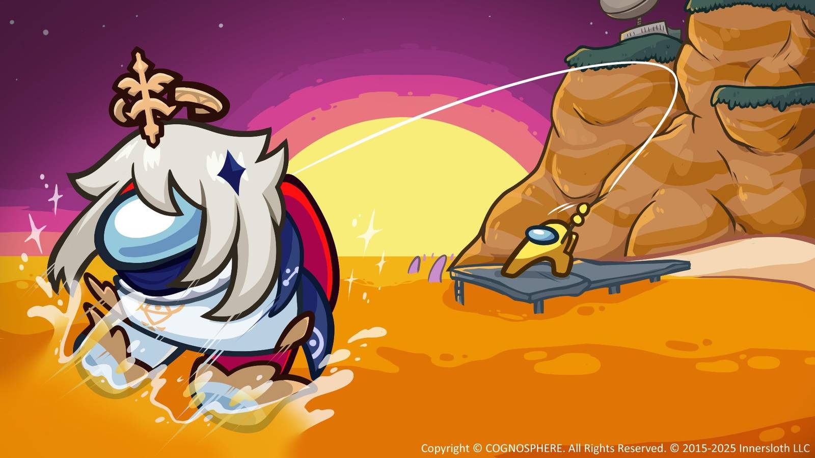 Artwork for the Genshin Impact x Among Us crossover, featuring a Crewmate reeling in Paimon