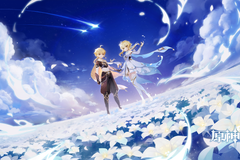 Both Genshin Impact siblings, Aether and Lumine, hold hands in a field of white flowers.