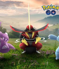 Kingambit between a Nidoking and Nidoqueen wearing crowns in Pokémon Go.