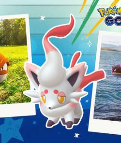 Hisuian Zorua in Pokémon Go, surrounded by Hisuian Voltorb and Hisuian Qwilfish.
